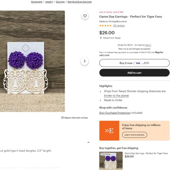 Women's LSU Tiger Game Day Earrings - Picture 1 of 4